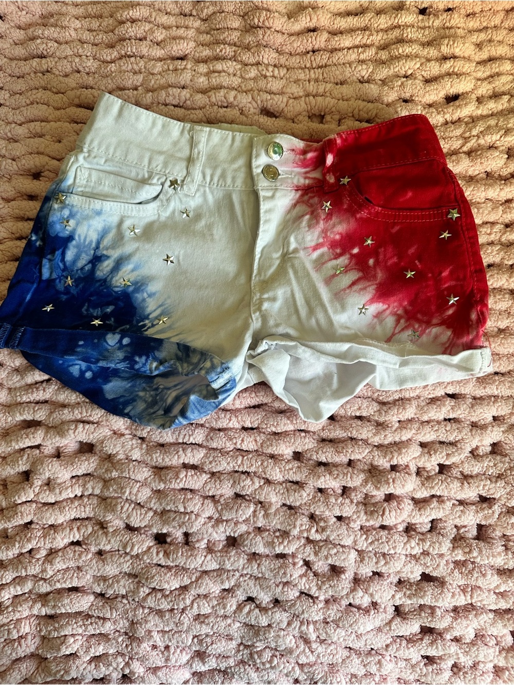 No Boundaries Red White Blue Tie-Dye Star Accent Jean Shorts